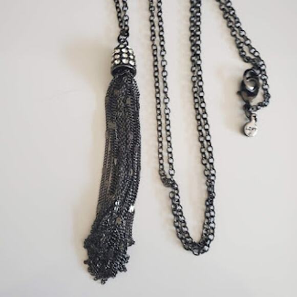 Loft Long Tassel Necklace Black Chain with Rhinestone Accents - Picture 6 of 7